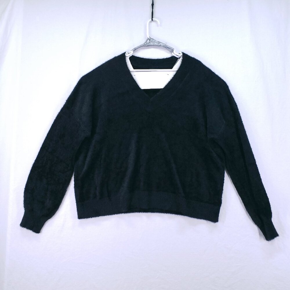 Halogen Women Black Mohair Fuzzy Cropped Soft Sweater Plus Size 100% Nylon